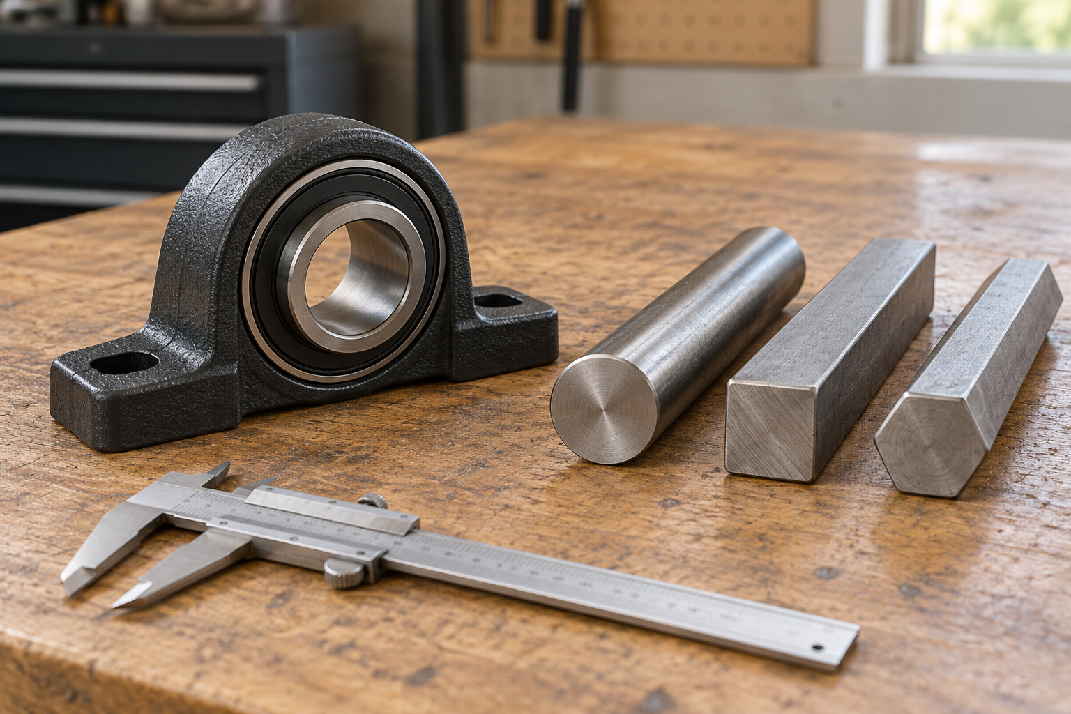 Concept still life of a generic agricultural bearing beside separate round, square, and hex shaft samples and a caliper