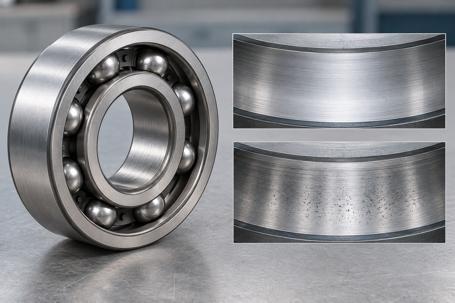 Concept comparison of a smooth bearing raceway with an illustrative gray pitted and fluted surface