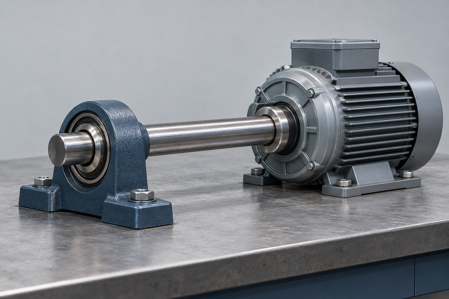 Generic mounted bearing supporting a shaft beside an industrial motor, shown as an application concept