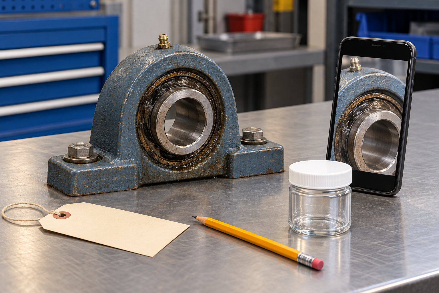 Generic mounted bearing on a workbench beside a camera, tag, pencil, and clean sample jar