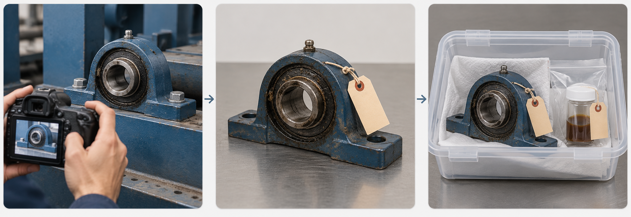 Three-panel concept sequence showing in-place photography, tagging a removed bearing, and protecting parts with a separate sample container