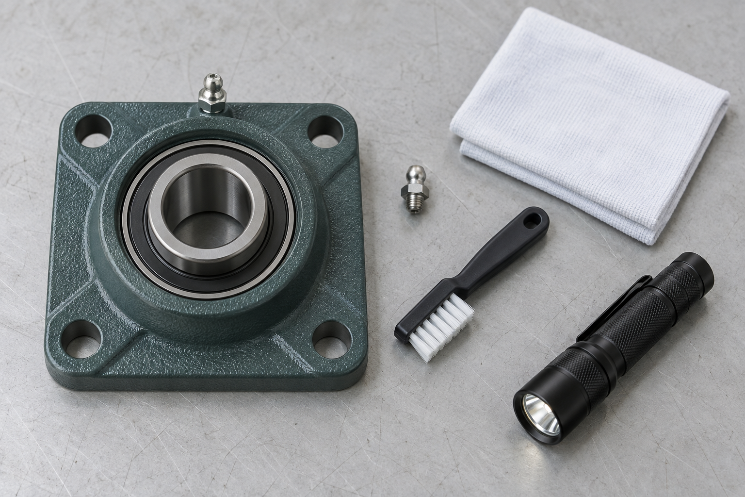 Four-bolt mounted bearing unit with a clean fitting, spare fitting and inspection tools