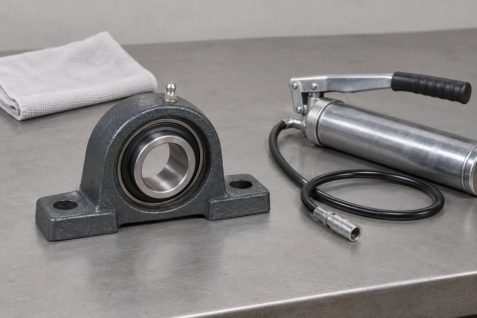 Generic pillow block bearing and grease gun positioned separately for inspection