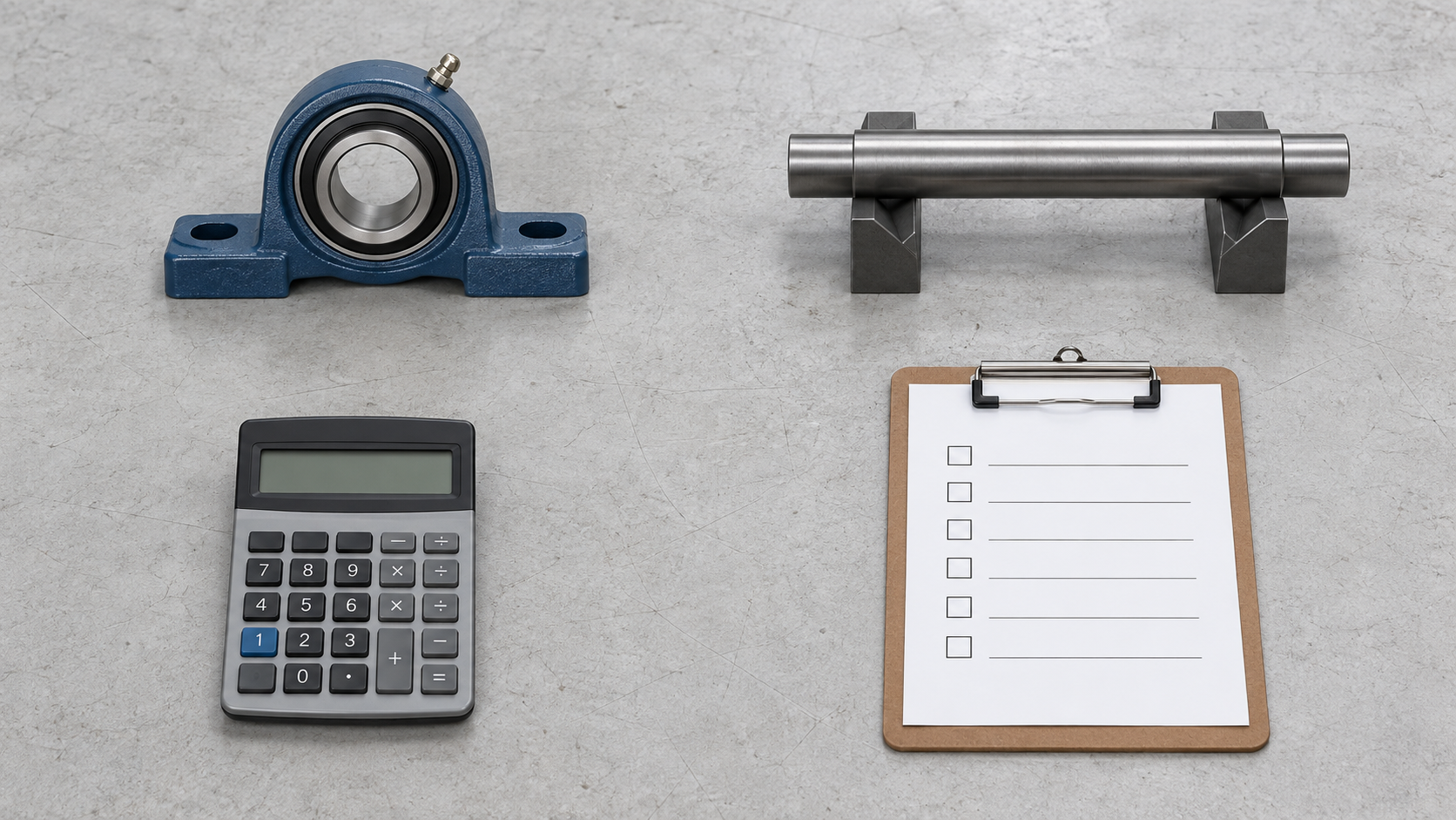 Mounted bearing unit, supported shaft sample, calculator, and blank checklist arranged separately for selection review