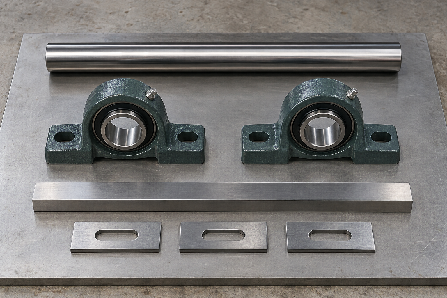 Concept inspection layout with two separate mounted bearing units, a straight shaft, a straightedge and full-foot shims arranged without contact.