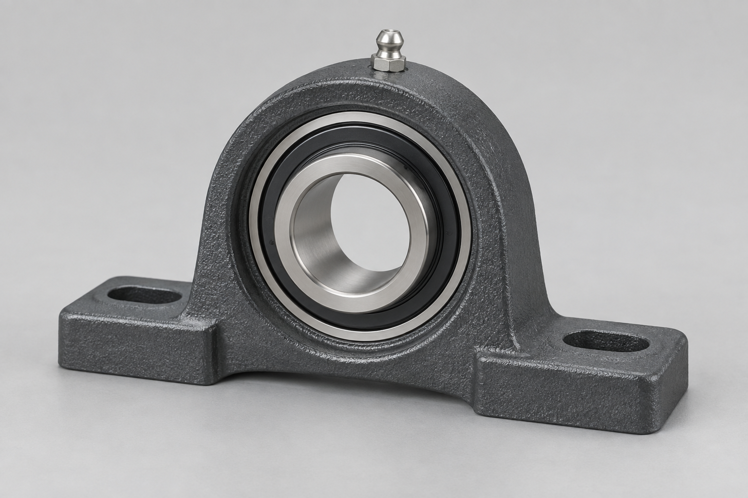 External concept view of a complete generic pillow block mounted bearing unit with an unobstructed circular bore.