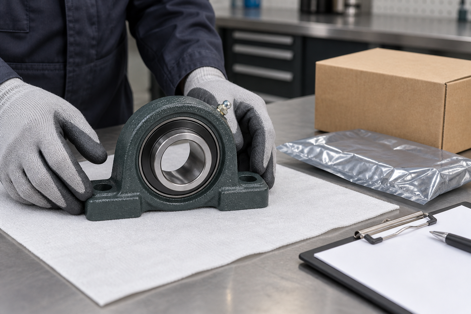 Gloved receiving inspection of a generic mounted bearing unit beside clean packaging and a blank checklist