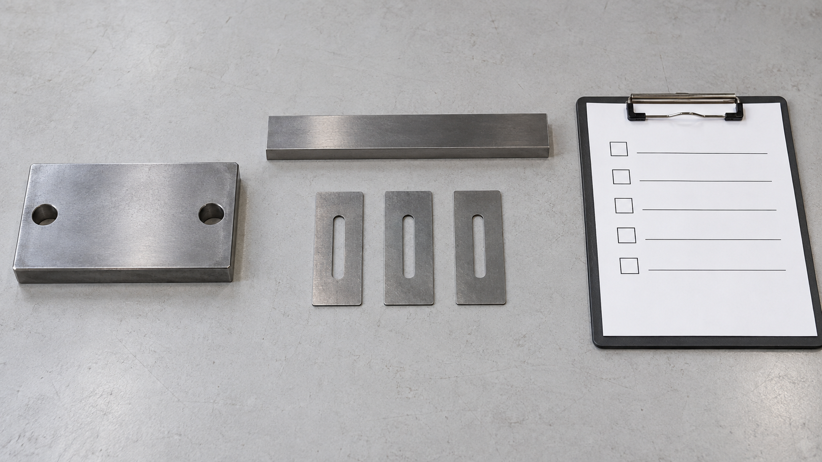 Steel mounting plate, straightedge, slotted shim samples and blank checklist laid separately on a workbench