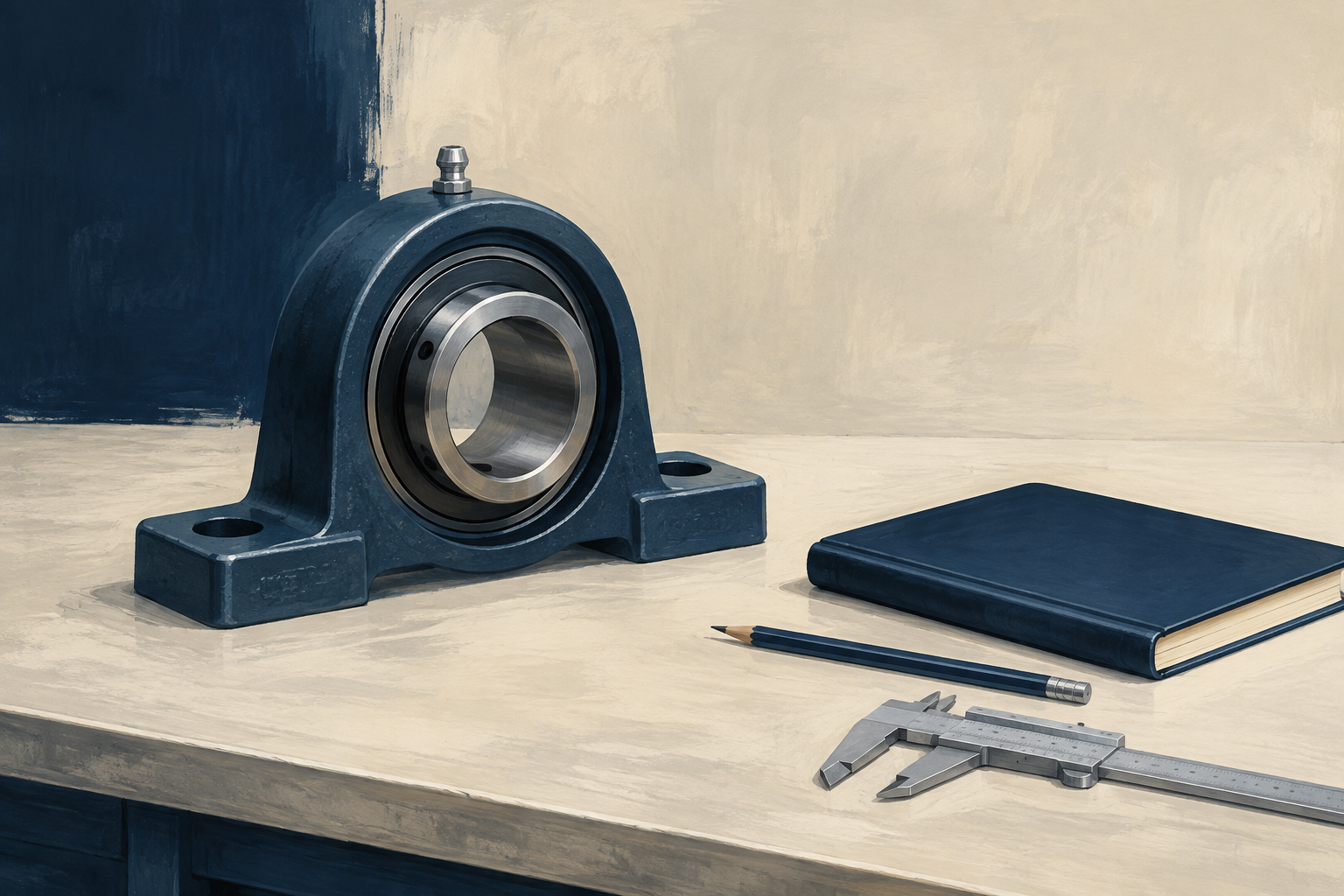 Concept illustration of a pillow block bearing beside a caliper and notebook for a replacement enquiry.