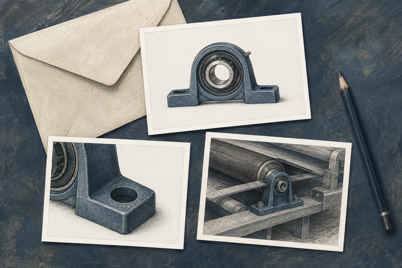 Concept illustration of photo cards documenting a bearing unit, its mounting foot and its machine location.