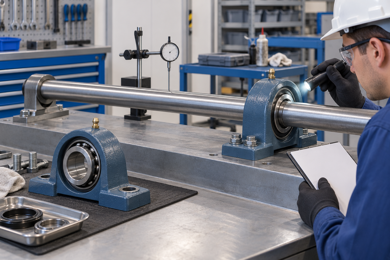 A maintenance worker inspecting one mounted bearing while a second bearing support remains on the same shaft
