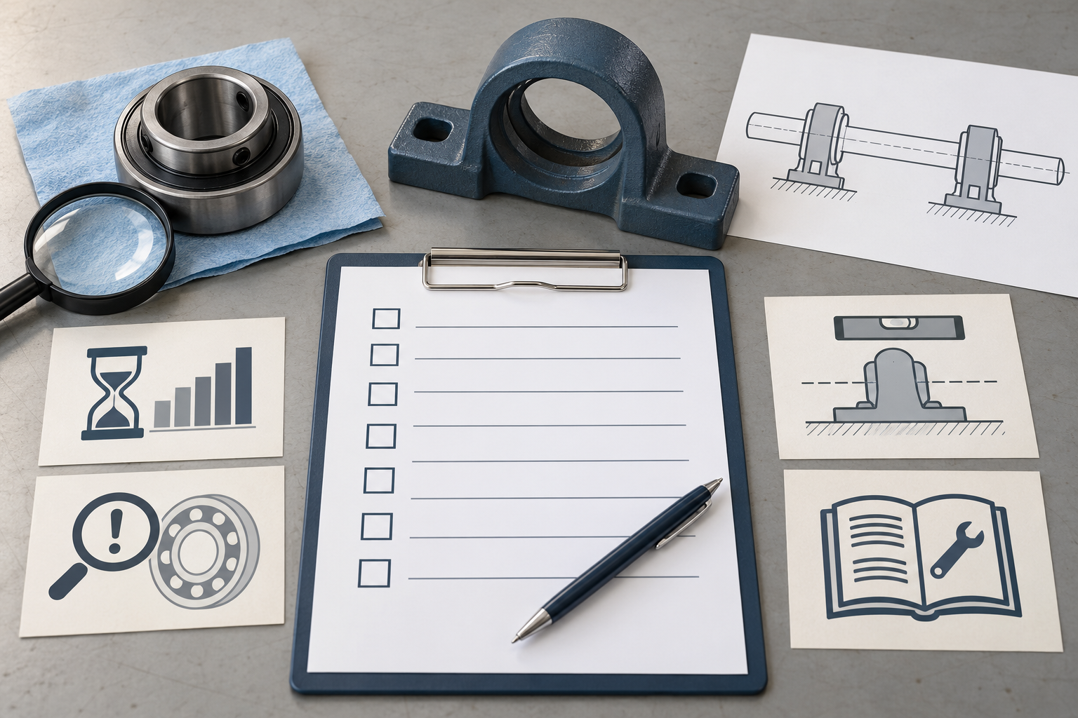 A mounted-bearing replacement checklist with a removed insert, housing, shaft-support sketch and inspection prompts