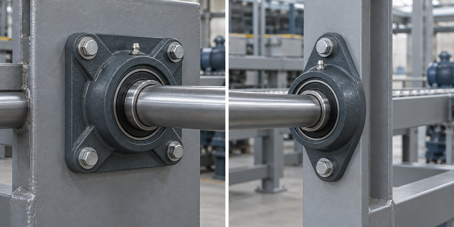 Concept installation comparison showing a four-bolt flange on a broad plate and a two-bolt flange on a narrow frame.