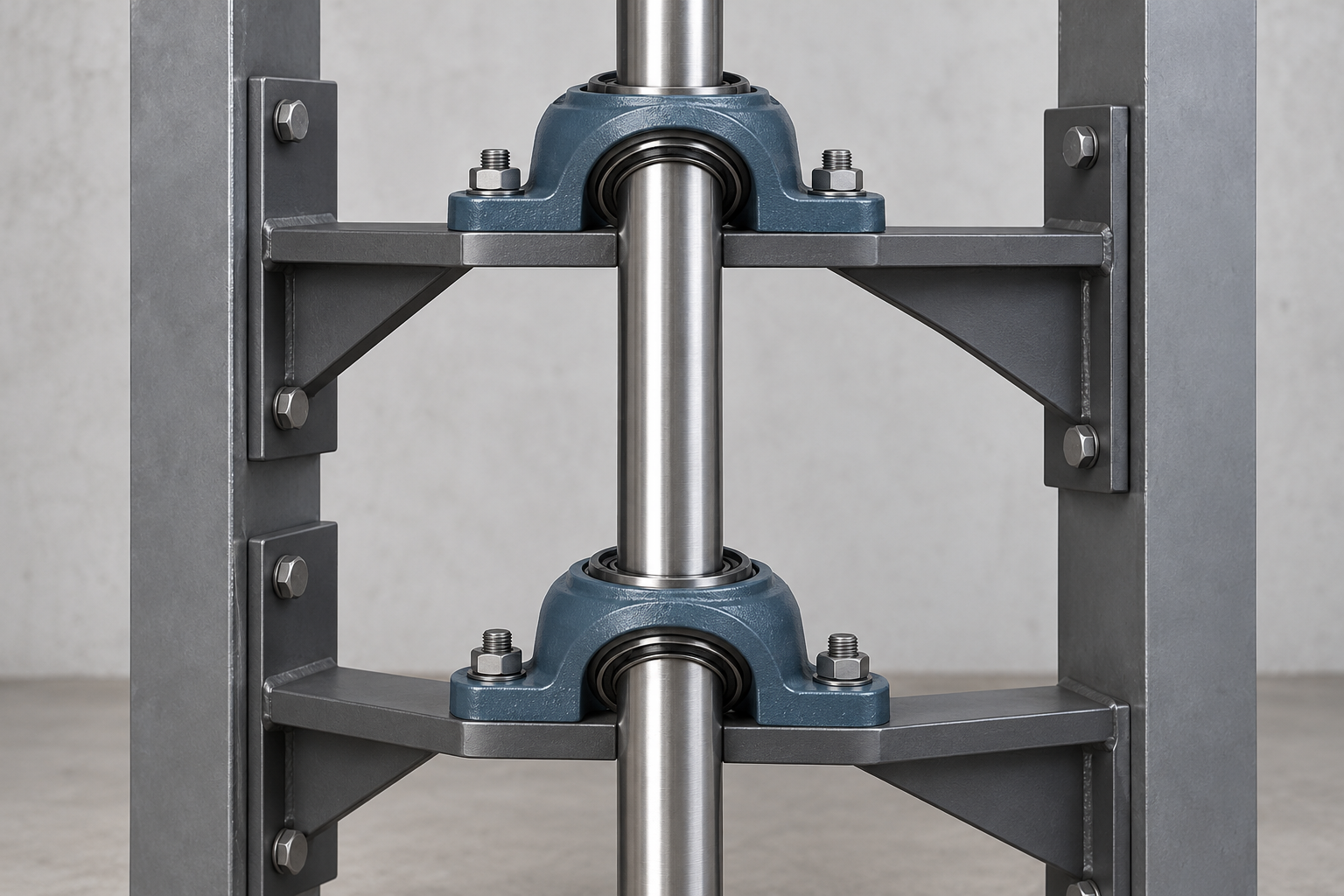 Concept illustration of two generic mounted bearing housings supporting a vertical shaft on a rigid frame